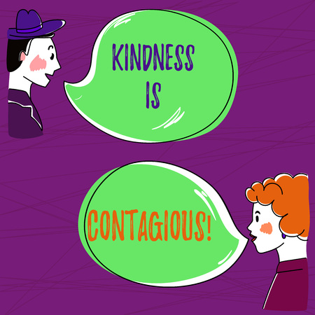 Text sign showing Kindness Is Contagious. Conceptual photo it ignites the desire to reciprocate and pass it on Hand Drawn Man and Wo analysis Talking photo with Blank Color Speech Bubbleの写真素材