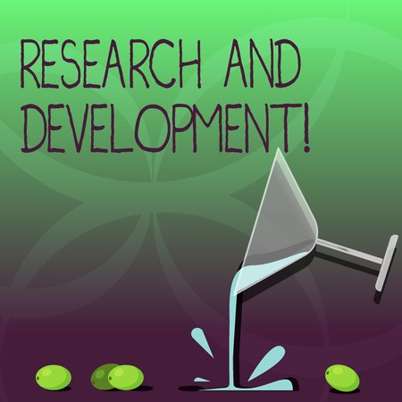 Writing note showing Research And Development. Business photo showcasing Innovation Improvement of products and processes Cocktail Wine Glass Pouring with Splash Grapes and Shadowの写真素材