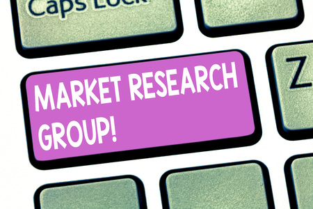 Text sign showing Market Research Group. Conceptual photo gather information about target markets or customers Keyboard key Intention to create computer message pressing keypad ideaの写真素材