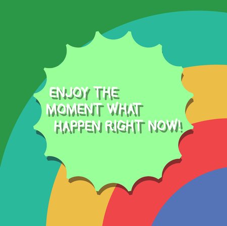 Conceptual hand writing showing Enjoy The Moment What Happen Right Now. Business photo showcasing Seize the day Relax Leisure Seal with Shadow for Label Emblem Monogram Stamp Top Qualityの写真素材