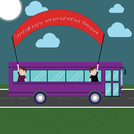 Writing note showing Integrated Management System. Business photo showcasing combines all components of a business into one Two Kids Inside School Bus Holding Out Banner with Stick on a Day Trip Writing note showing Integrated Management System. Business photo showcasing combines all components of a business into one Two Kids Inside School Bus Holding Out Banner with Stick on a Day Trip
