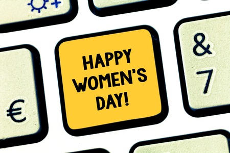 Conceptual hand writing showing Happy Women S Is Day. Business photo showcasing day celebrated on March that celebrates woanalysishood Keyboard key Intention to create computer message ideaの写真素材
