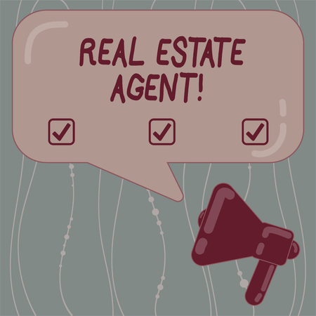 Text sign showing Real Estate Agent. Conceptual photo professionals who negotiate and arrange buying and selling Megaphone photo and Blank Rectangular Color Speech Bubble with Reflectionの写真素材