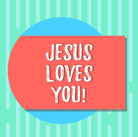Word writing text Jesus Loves You. Business concept for Believe in the Lord To have faith religious demonstrating Blank Rectangular Color Shape with Shadow Coming Out from a Circle photoの写真素材