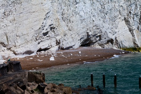Beautiful landscape with cliff and calm sea on a sunny day. Holiday concept with copy spaceの写真素材