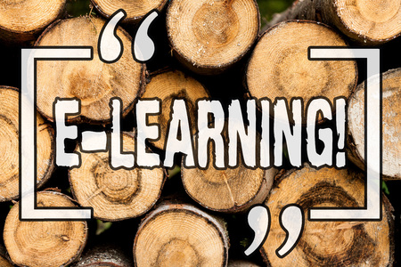 Word writing text E Learning. Business concept for Introduction of an electronic education in modern schools Wooden background vintage wood wild message ideas intentions thoughtsの写真素材