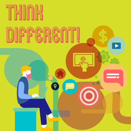Word writing text Think Different. Business concept for Rethink Change on vision Acquire New Ideas Innovateの写真素材
