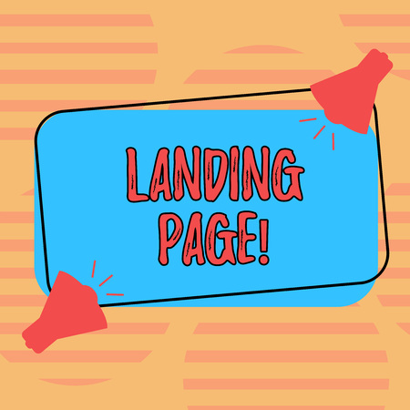 Word writing text Landing Page. Business concept for Website accessed by clicking a link on another web page Two Megaphone with Sound icon on Blank Color Outlined Rectangular Shapeの写真素材