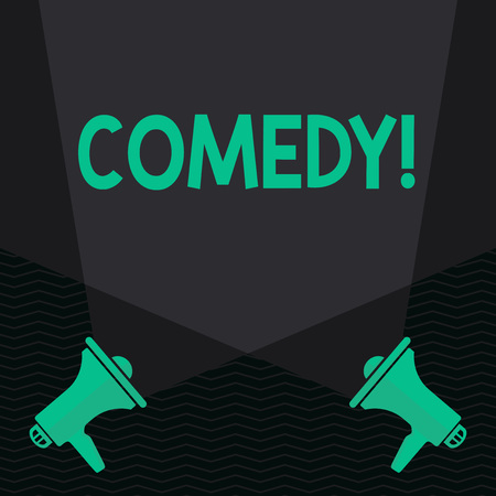 Conceptual hand writing showing Comedy. Concept meaning Fun Humor Satire Sitcom Hilarity Joking Entertainment Laughing Spotlight Crisscrossing Upward from Megaphones on the Floorの写真素材