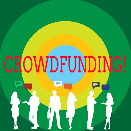 Conceptual hand writing showing Crowdfunding. Concept meaning Funding a project by raising money from large number of showing Figures of People Talking with Gestures and Text Balloonの写真素材