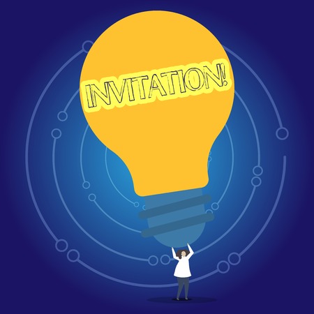 Conceptual hand writing showing Invitation. Concept meaning Written or verbal request someone to go somewhere or do something Person Standing Arms Holding Big Yellow Lightbulb for Ideasの写真素材