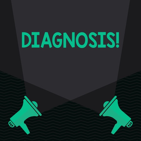 Conceptual hand writing showing Diagnosis. Concept meaning Judgment about particular illness or condition Spotlight Crisscrossing Upward from Megaphones on the Floorの写真素材