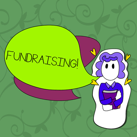 Conceptual hand writing showing Fundraising. Concept meaning Seeking of financial support for charity cause or enterprise Girl Holding Book with Hearts Around her and Speech Bubbleの写真素材