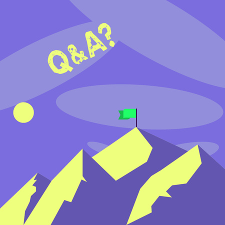 Word writing text Q And A Question. Business photo showcasing in which demonstrating asks questions and other answer them Mountains with Shadow Indicating Time of Day and Flag Banner on One Peakの写真素材
