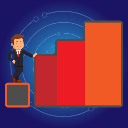 Happy Businessman Presenting Growth and Success in Rising Bar Graph Columns Design business concept Empty copy text for Web banners promotional material mock up templateのイラスト素材