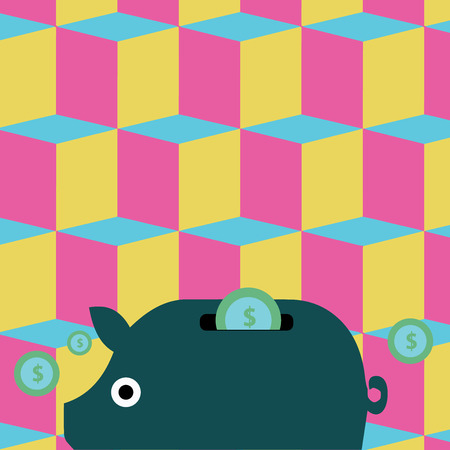 Colorful Piggy Money Bank and Coins with Dollar Currency Sign in the Slit Design business concept Empty template copy space text for Ad website isolatedのイラスト素材