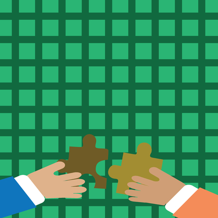 Two Hands Holding Colorful Jigsaw Puzzle Pieces about to Interlock the Tiles Business Empty template for Layout for invitation greeting card promotion poster voucherのイラスト素材