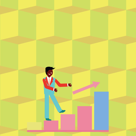 Smiling Businessman Climbing Colorful Bar Chart Following an Arrow Going Up Design business Empty copy space text for Ad website promotion isolated Banner templateのイラスト素材