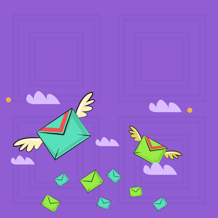 Many Colorful Airmail Flying Letter Envelopes and Two of Them with Wings Design business concept Empty copy text for Web banners promotional material mock up template.のイラスト素材