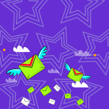 Many Colorful Airmail Flying Letter Envelopes and Two of Them with Wings Design business concept Empty copy space modern abstract backgroundのイラスト素材