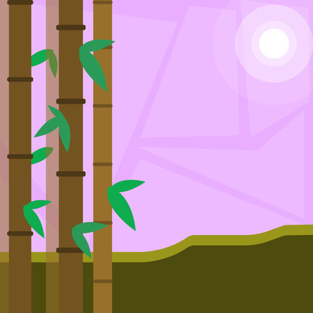 Colorful Sets of Leafy Bamboo on Left Side and Moon or Sun with Round Beam Design business concept Empty template copy space text for Ad website isolated.のイラスト素材