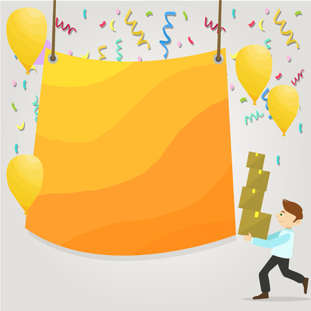 Man Carrying Pile of Boxes with Blank Tarpaulin in the Center and Balloons Design business concept Empty copy text for Web banners promotional material mock up template.のイラスト素材
