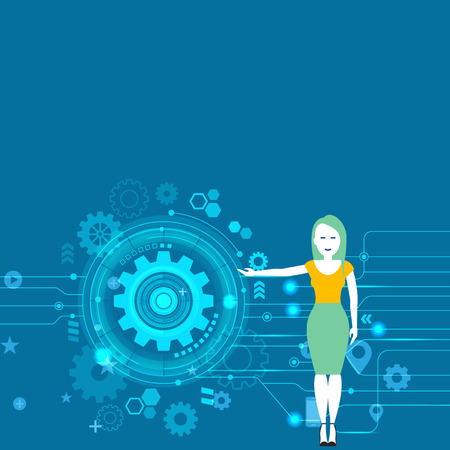 Woman Standing and Presenting the SEO Process with Cog Wheel Gear inside Business concept Empty template copy space isolated Posters coupons promotional materialのイラスト素材