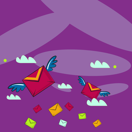 Many Colorful Airmail Flying Letter Envelopes and Two of Them with Wings Design business concept Empty template copy space text for Ad website isolatedのイラスト素材