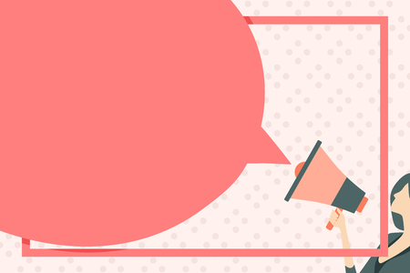 Huge Blank Speech Bubble Round Shape. Slim Woman Holding Colorful Megaphone Design business Empty template isolated Minimalist graphic layout template for advertisingのイラスト素材