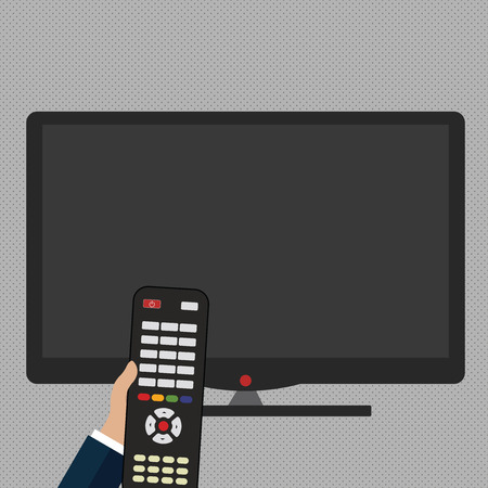 Hand Holding Computer Remote Control infront of Blank Wide Color PC Screen Design business concept. Business ad for website and promotion banners. empty social media adのイラスト素材