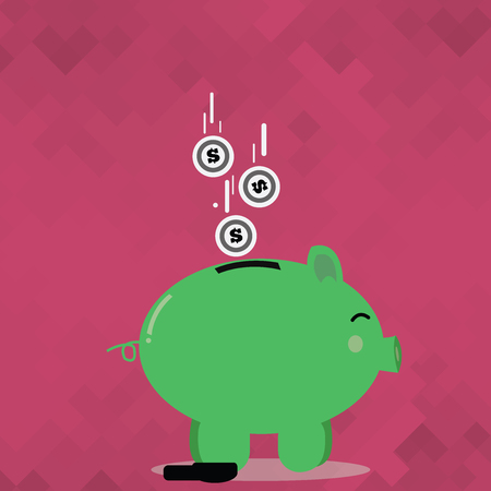 Color Piggy Bank Sideview and Dollar Currency Coins Falling Down to the Slit Design business Empty copy space text for Ad website promotion isolated Banner template.のイラスト素材