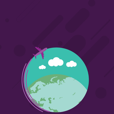 Airplane with Moving Icon Flying Around Colorful Globe and Blank Text Space Copy Space design Empty template text for Ad, promotion, poster, flyer, web banner, articleのイラスト素材