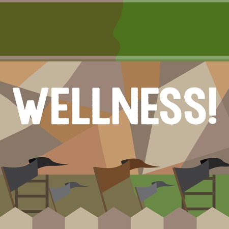 Writing note showing Wellness. Business concept for Making healthy choices complete mental physical relaxation Colorful Pennant Streamer Flag Stick Mounted on Picket Fenceの写真素材