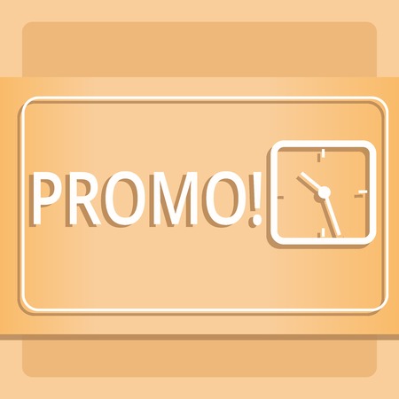 Text sign showing Promo. Business photo showcasing Piece of advertising Discount Special Offer Sale Modern Design of Transparent Square Analog Clock on Two Tone Pastel Backdropの写真素材