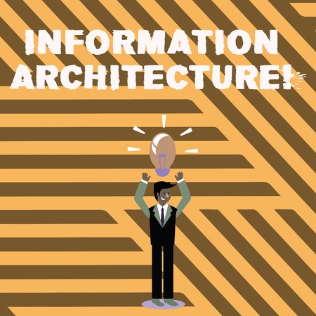 Text sign showing Information Architecture. Business photo showcasing structural design shared information environments Businessman Standing Raising Arms Upward with Lighted Bulb Icon on his Headの写真素材