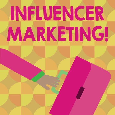 Handwriting text Influencer Marketing. Conceptual photo focus is placed influential showing rather than target Rushing Businessman Arm Swayed Farther Back and Hand Holding Color Briefcaseの写真素材