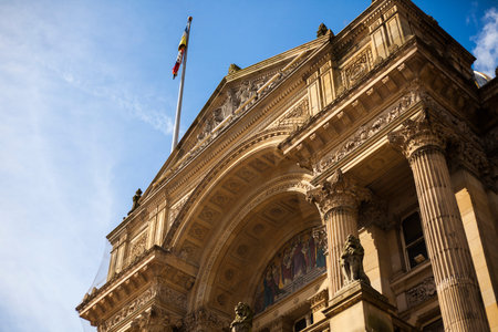 Detailed Upward View of the Birmingham City Council House Facade. Sculptures and Intricate Carved...