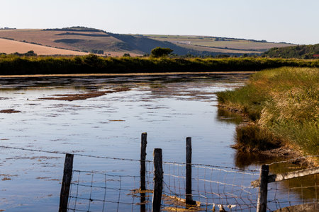 Nature and water canal concept with hills in the background. Fishing spot on the canalの写真素材