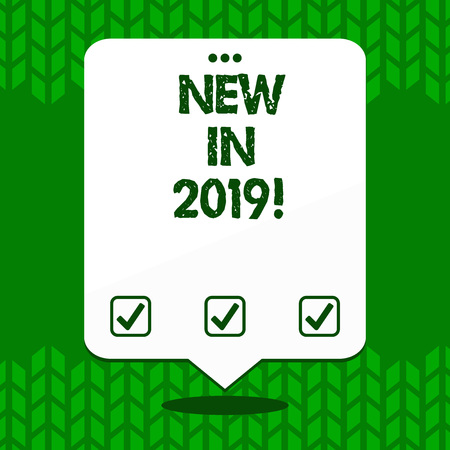 Writing note showing New In 2019. Business concept for general direction in which something is developing or changing White Speech Balloon Floating with Three Punched Hole on Topの写真素材