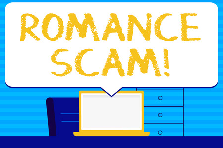 Conceptual hand writing showing Roanalysisce Scam. Concept meaning trick involving feigning roanalysistic intentions towards victim Blank Huge Speech Bubble Pointing to the White Laptop Screenの写真素材