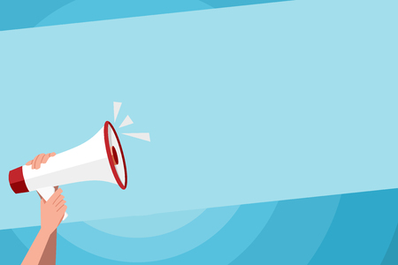 Human Hand Holding Tightly a Megaphone with Sound Icon and Blank Text Space Design business concept Empty copy space modern abstract backgroundのイラスト素材