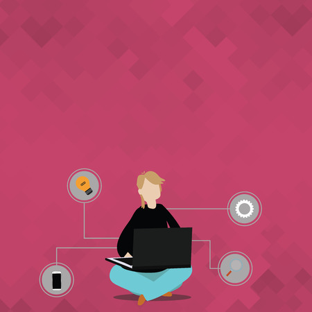 Woman Sitting Crossed Legs on Floor Browsing the Laptop with Technical Icons Design business concept. Business ad for website and promotion banners. empty social media adのイラスト素材