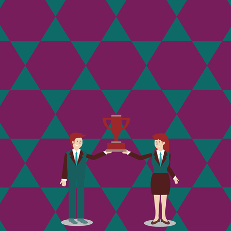 Man and Woman in Business Suit Holding Together the Championship Trophy Cup Design business concept Empty copy space modern abstract backgroundのイラスト素材