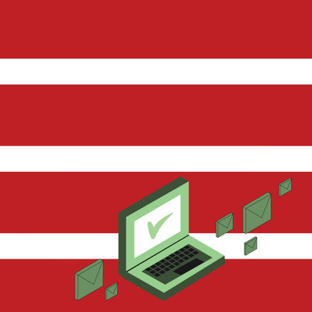 Color Mail Envelopes around Laptop with Check Mark icon on Monitor Screen Business Empty template for Layout for invitation greeting card promotion poster voucherのイラスト素材