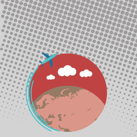 Airplane With Moving Icon Flying Around Colorful Globe And Blank