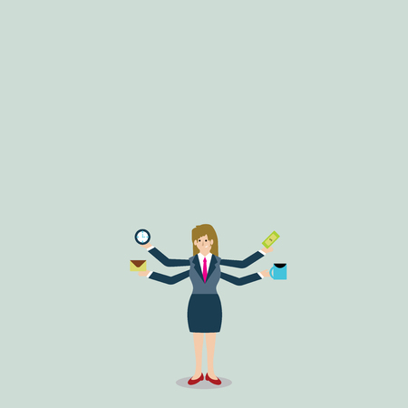 Businesswoman with Four Arms Extending Sideways Holding Workers Needed Item Design business Empty copy space text for Ad website promotion isolated Banner templateのイラスト素材