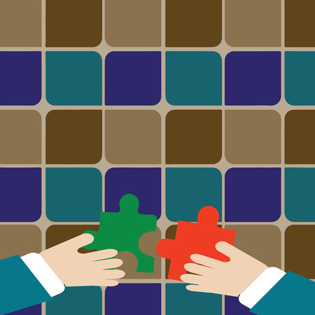 Two Hands Holding Colorful Jigsaw Puzzle Pieces about to Interlock the Tiles Design business concept Empty copy text for Web banners promotional material mock up template.のイラスト素材