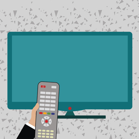 Hand Holding Computer Remote Control infront of Blank Wide Color PC Screen Design business concept Empty template copy space text for Ad website isolatedのイラスト素材