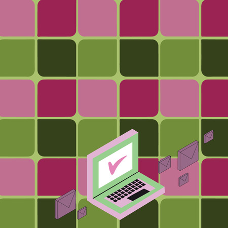 Color Mail Envelopes around Laptop with Check Mark icon on Monitor Screen Business concept Empty template copy space isolated Posters coupons promotional materialのイラスト素材