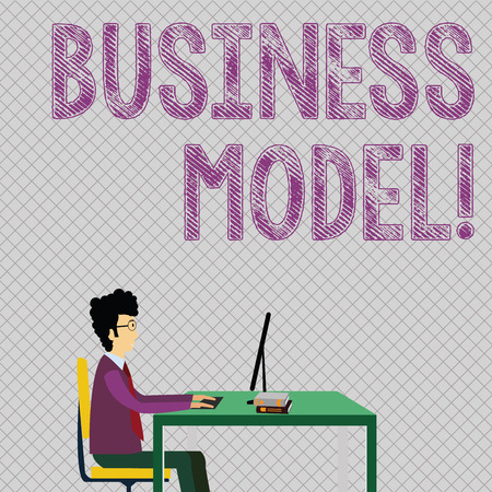 Conceptual hand writing showing Business Model. Concept meaning plan for successful operation of business identifying revenue Businessman Sitting on Chair Working on Computer and Booksの写真素材